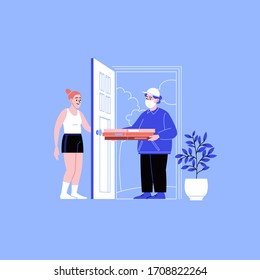 Flat illustration of a delivery guy wearing face mask delivering pizza to the recipient's home. Food delivery during the quarantine. 