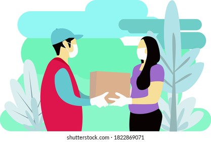 flat illustration delivery man leaving merchandise to customer for online orders