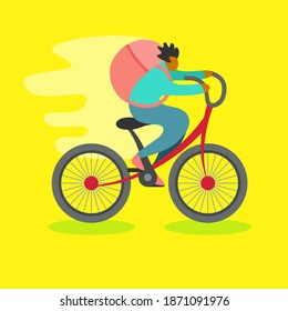 a flat illustration of a delivery man riding his bike