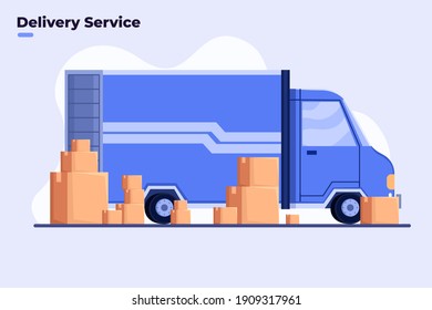 Flat illustration of Delivery service with truck, Freight delivery service, Delivery home and office, City logistics, Warehouse, truck, courier, Movers loading parcel package box. 