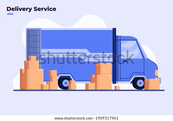 Flat\
illustration of Delivery service with truck, Freight delivery\
service, Delivery home and office, City logistics, Warehouse,\
truck, courier, Movers loading parcel package box.\
