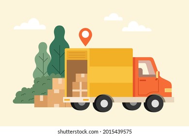 Flat illustration of delivery truck picking up packages from location.