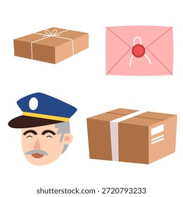 Flat Illustration Deliveryman with Boxes and Envelope Delivery Service Element