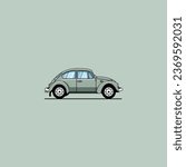 Flat illustration depicting a beetle car in classic or retro style, dressed in vintage colors. The design is simple but looks neat