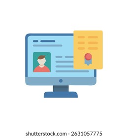 A flat illustration depicting a computer with a certificate displayed. Pastel hues with simple shapes for a modern visual style.