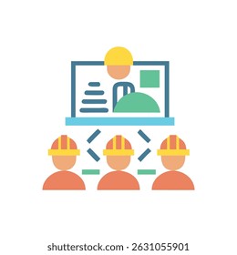 Flat illustration depicting a construction project structure, illustrating team management and coordination via a digital interface and workers at the base.