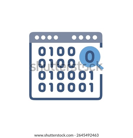 Flat illustration depicting data search using a magnifying glass inside binary code within browser window. Simple modern isolated design.