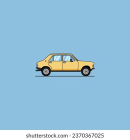 Ilustración plana que representa un coche retro o clásico amarillo descolorido, con un aspecto sencillo que da una impresión minimalista