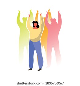 
flat illustration depicting a free happy person looking into the future, the endless possibilities of human freedom, the balance of vitality and human capabilities, a human  running with his hands up