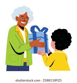 A flat illustration depicting giving grandma gift