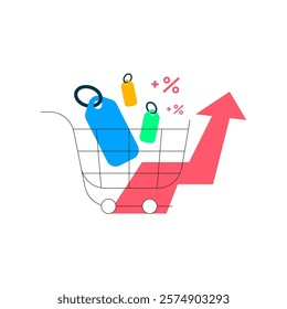 Flat illustration depicting inflation or price increase. The design features a price tag, a shopping cart, and an upward pointing arrow graph, symbolizing rising costs and economic trends