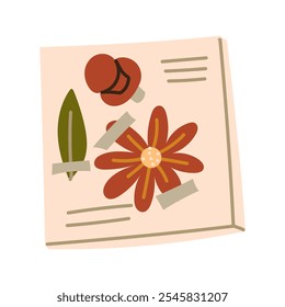 Ilustración plana que representa las hojas, flor de un herbario. margarita roja y un pedazo de papel se adjuntan a la página con un Botón. flor seca en el catálogo. elemento decorativo diseño floral. Hierbas