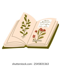 flat illustration depicting leaves from a herbarium in a book. branch of herbs and flowers is attached to the page. dried flower in the catalog. decorative element of floral design, adhesive tape