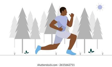 Flat illustration depicting a man with dark skin running through a stylized winter forest with grey and white pine trees and patches of snow. for sstk Wellness