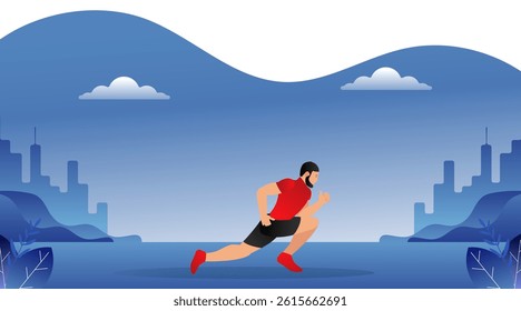 Flat illustration depicting a man with medium skin tone running in an urban environment at dusk. for sstk Wellness