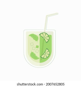 A flat illustration depicting a mojito cocktail, citrus juice in a glass glass with lime slices, a straw and ice cubes. For menus, food illustrations