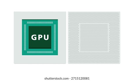 Ilustración plana que representa una GPU empaquetada con vistas frontal y posterior diseñada para explicar el empaquetado de semiconductores Arquitectura de GPU Infraestructura de computación de IA y hardware utilizado en servidores modernos