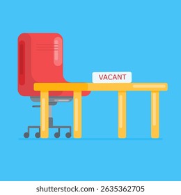 A flat illustration depicting a red office chair behind a yellow desk with a "VACANT" sign, set against a blue background. Represents a job opening or empty workspace.
