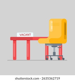 A flat illustration depicting a red office chair behind a yellow desk with a "VACANT" sign, set against a blue background. Represents a job opening or empty workspace.