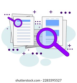Ilustración plana que representa la búsqueda y verificación de documentos importantes necesarios. Ilustración adecuada para trabajadores de negocios y oficinas