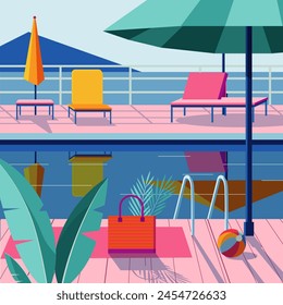 A flat illustration depicting a swimming pool by the beach under the summer sun