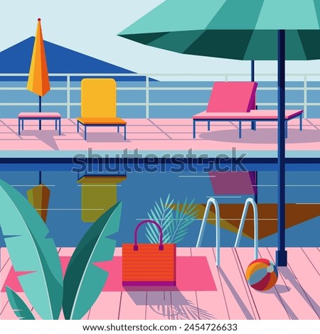 A flat illustration depicting a swimming pool by the beach under the summer sun