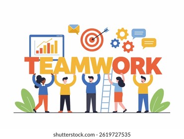 flat illustration depicting a team of diverse professionals collaborating towards a common goal, symbolized by the word 'TEAMWORK'. The image showcases a vibrant and modern style, emphasizing unity