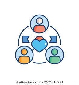Flat illustration depicting three interconnected people icons around a central heart. Concept of community support and digital relationships shown.