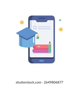 Flat illustration depicts an academic cap, books and pencil on smartphone, showing online education platform and study resources.