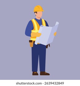 A flat illustration depicts a construction worker wearing a yellow hard hat and safety vest, holding and reviewing architectural blueprints.