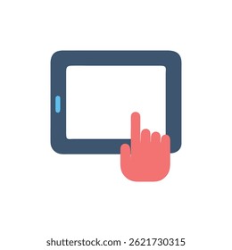 A flat illustration depicts a coral finger touching the screen of a navy tablet with a light blue button.