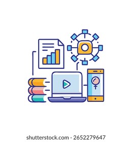 Flat illustration depicts digital learning environment with laptop, books and information sharing over the internet and mobile devices in bright colors.