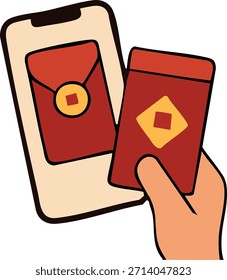 Una ilustración plana muestra una mano sosteniendo un sobre rojo frente a la pantalla de un teléfono inteligente que muestra un sobre rojo digital a juego, que simboliza el regalo del Año Nuevo Lunar y las tradiciones digitales.