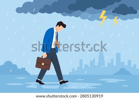 Flat illustration of depressed businessman walking in rainstorm carrying briefcase representing bad day stress failure and trouble