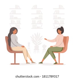Flat illustration of a depressed girl at a psychologist's appointment. The purpose of therapy. A female therapist listens to the client's emotional story. The concept of psychological assistance.