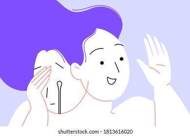 Flat illustration of a depressed woman who is trying to look normal. One face is happy and outgoing and another face is sad and crying. Face of depression