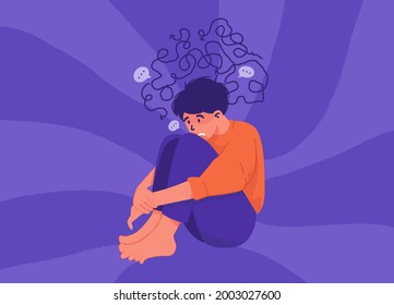 Flat illustration of depression woman with nervous problem feel anxiety and confusion of thoughts . Mental disorder. Girl with anxiety sitting with her arms wrapped around her knees. Health mental