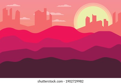 flat illustration of desert landscape. sunset over the desert. rocky landscape. cacti among the sand