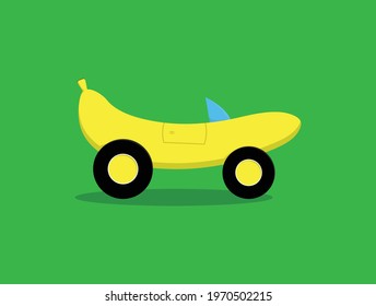 Flat Illustration design of banana car with isolated background in green color.