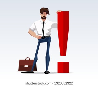 flat illustration design character businessman a man with a beard is standing with a red exclamation mark and thinks. Flat Businessman. illustration of attention Isolated on white background