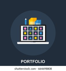 Flat Illustration Design Concept. Designer Portfolio with Laptop, Colorful Icons, Papers and Pencil