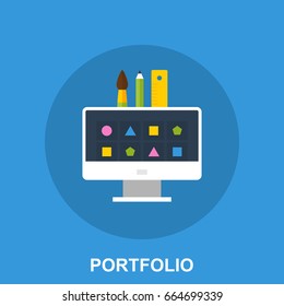 Flat Illustration Design Concept. Designer Portfolio with PC Monitor, Colorful Icons, Brush and Pencil