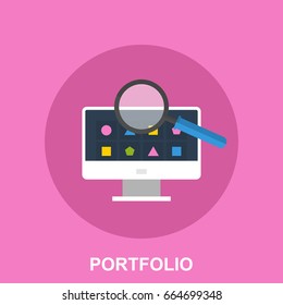 Flat Illustration Design Concept. Designer Portfolio with PC Monitor, Colorful Icons and Magnifying Glass
