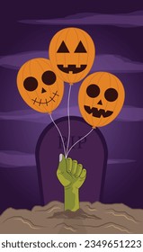 Flat illustration design Happy Halloween concept. Mummy hand holding balloons, grave background. Trick or treat.