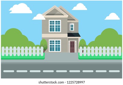 flat illustration design house along the road, vector illustration