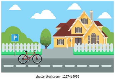flat illustration design house along the road, vector illustration
