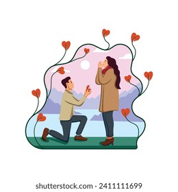 Flat illustration design of loving man proposing to woman on beautiful natural background