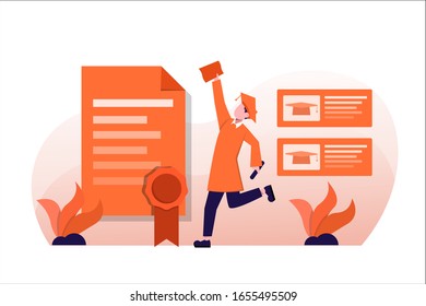 flat illustration design of a male student who looks happy with his graduation test scores, to his right there is a paper test score