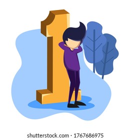 flat illustration design of a man leaning against a number. number one. vector illustration