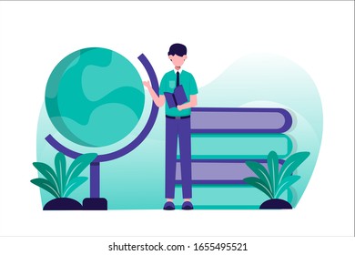 flat illustration design of a man standing while reading a book and next to it is a globe